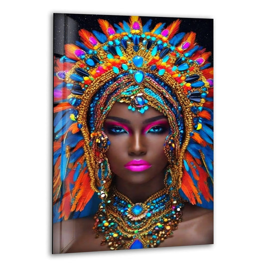 Abstract glass wall art featuring a vibrant, richly detailed portrait with an explosion of colorful feathers and intricate beadwork.