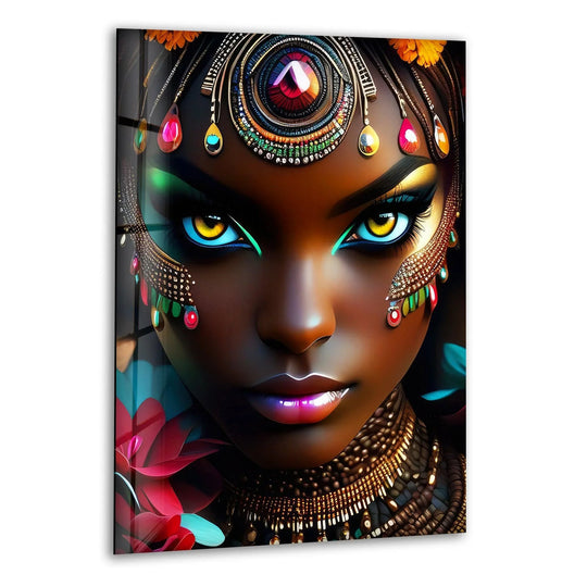 Geometric patterns adorn this vibrant African woman hanging wall art, showcasing colorful beaded jewelry and detailed facial adornments.
