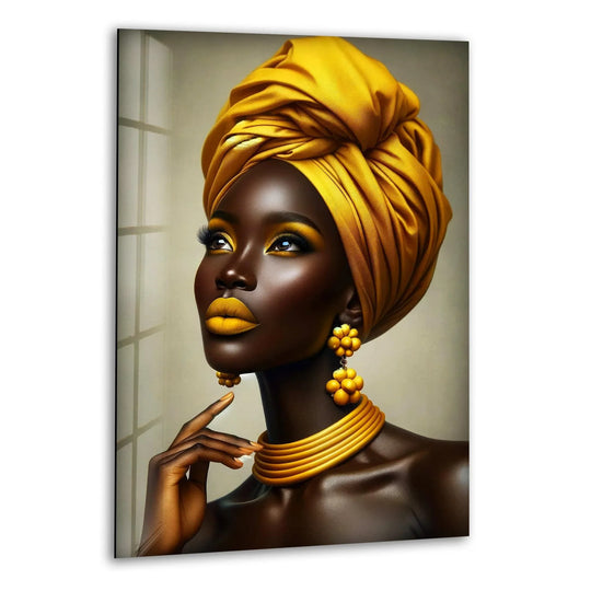 Dramatic light and shadow highlight the radiant yellow turban and golden jewelry on this African woman glass wall art, a statement piece for home decor.