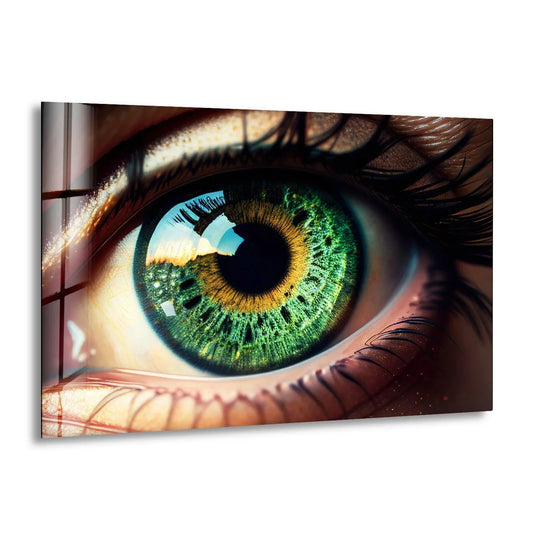 Extreme close-up of a green and yellow iris, reflecting a dark sky, showcasing unique modern wall decor.
