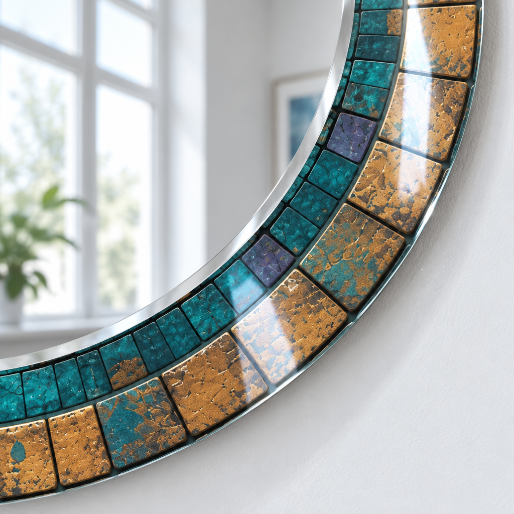 Turquoise &amp; Gold Mosaic Round Wall Mirror – Rustic Boho Glass Frame for Home Decor