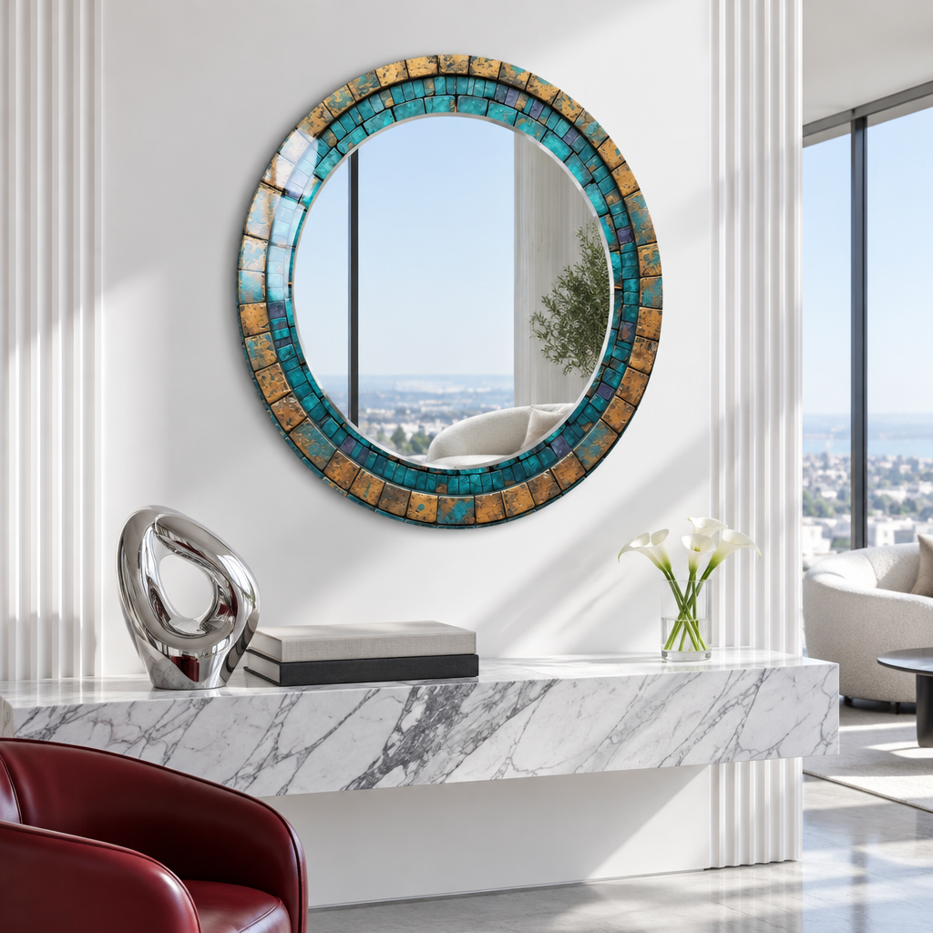 Turquoise &amp; Gold Mosaic Round Wall Mirror – Rustic Boho Glass Frame for Home Decor