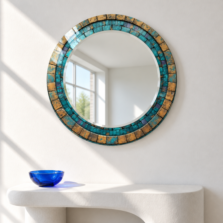 Turquoise &amp; Gold Mosaic Round Wall Mirror – Rustic Boho Glass Frame for Home Decor