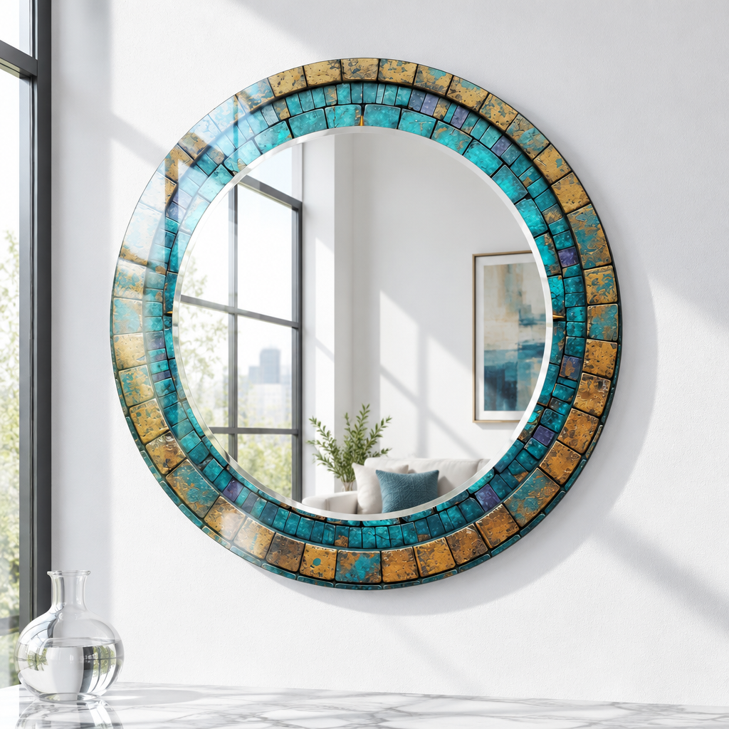 Turquoise &amp; Gold Mosaic Round Wall Mirror – Rustic Boho Glass Frame for Home Decor