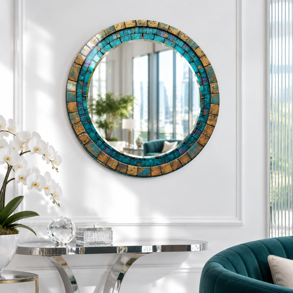 Turquoise &amp; Gold Mosaic Round Wall Mirror – Rustic Boho Glass Frame for Home Decor
