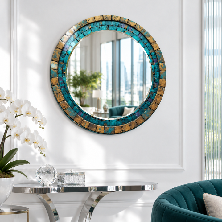 Turquoise &amp; Gold Mosaic Round Wall Mirror – Rustic Boho Glass Frame for Home Decor