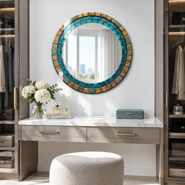 Turquoise &amp; Gold Mosaic Round Wall Mirror – Rustic Boho Glass Frame for Home Decor