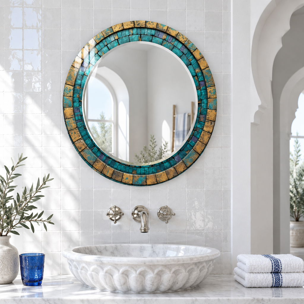 Turquoise &amp; Gold Mosaic Round Wall Mirror – Rustic Boho Glass Frame for Home Decor