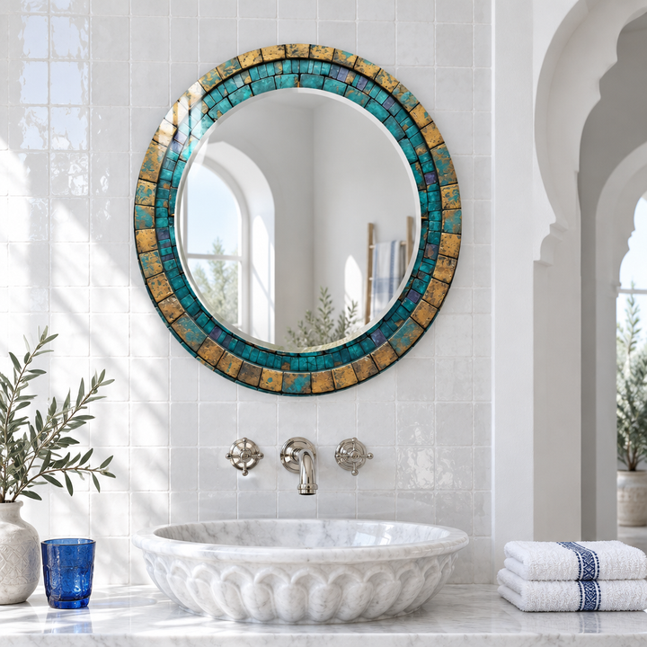 Turquoise &amp; Gold Mosaic Round Wall Mirror – Rustic Boho Glass Frame for Home Decor