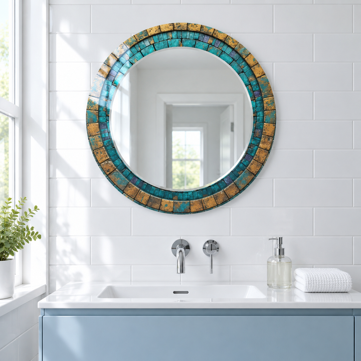 Turquoise &amp; Gold Mosaic Round Wall Mirror – Rustic Boho Glass Frame for Home Decor