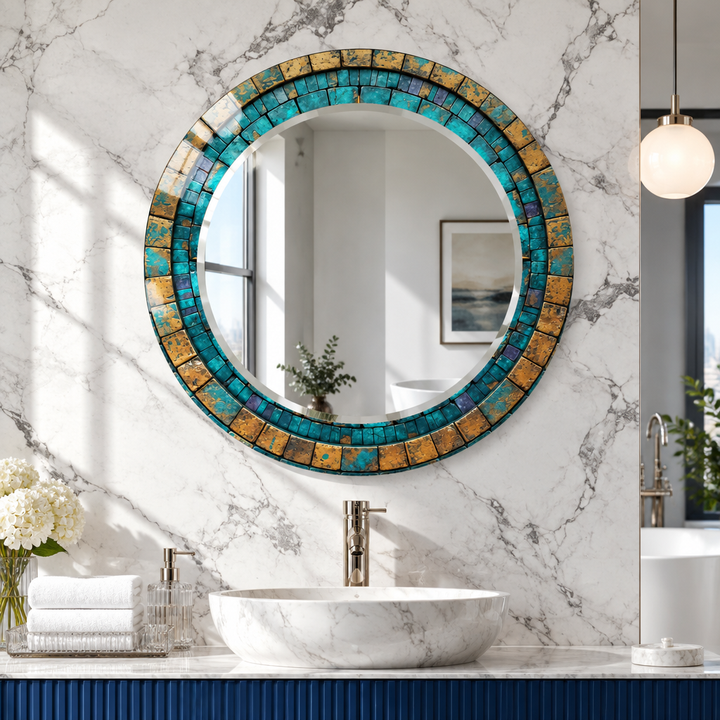 Turquoise &amp; Gold Mosaic Round Wall Mirror – Rustic Boho Glass Frame for Home Decor