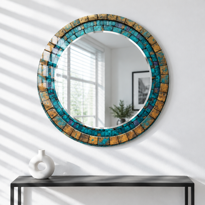 Turquoise &amp; Gold Mosaic Round Wall Mirror – Rustic Boho Glass Frame for Home Decor