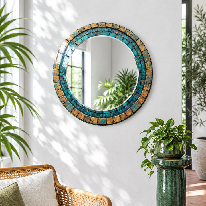 Turquoise &amp; Gold Mosaic Round Wall Mirror – Rustic Boho Glass Frame for Home Decor