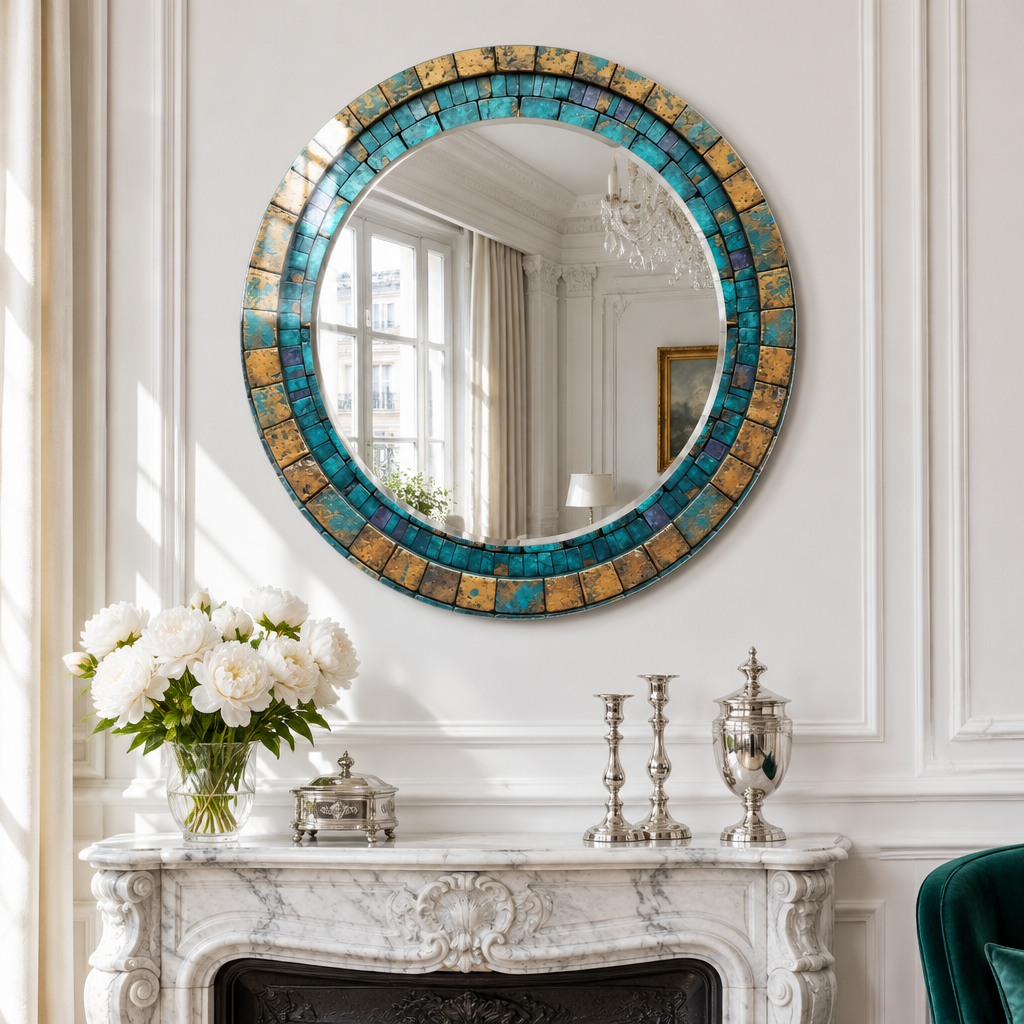 Turquoise &amp; Gold Mosaic Round Wall Mirror – Rustic Boho Glass Frame for Home Decor