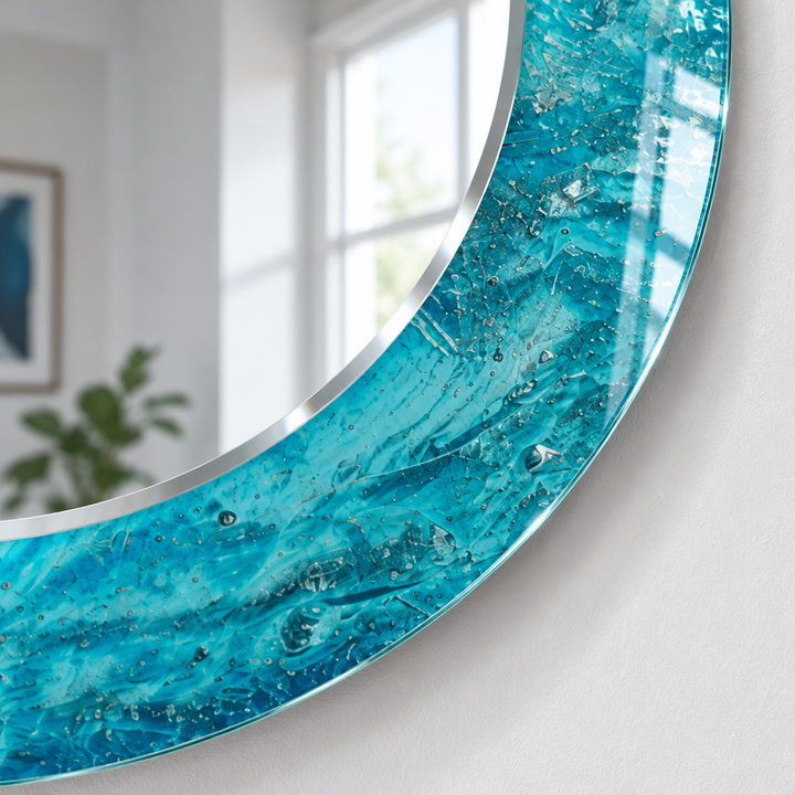 Specchio rotondo Blue Ocean – Cornice in vetro testurizzato per decorazioni murali