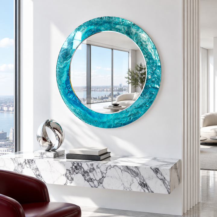 Specchio rotondo Blue Ocean – Cornice in vetro testurizzato per decorazioni murali