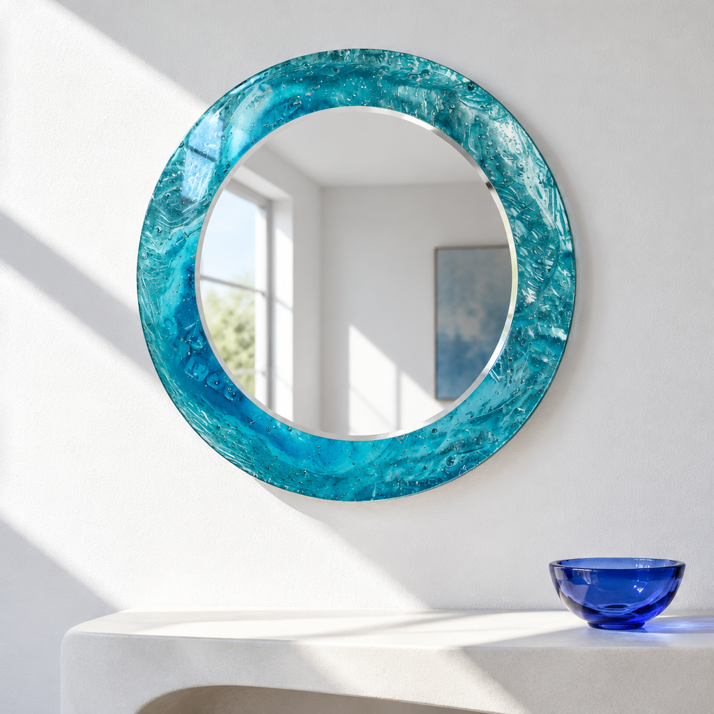 Specchio rotondo Blue Ocean – Cornice in vetro testurizzato per decorazioni murali