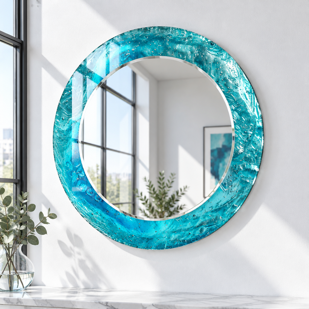 Specchio rotondo Blue Ocean – Cornice in vetro testurizzato per decorazioni murali