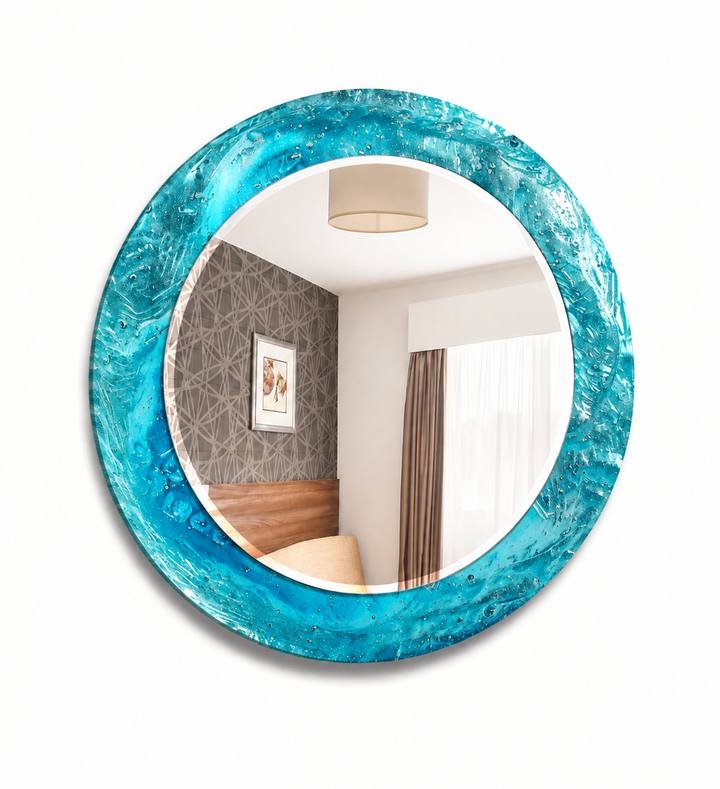Specchio rotondo Blue Ocean – Cornice in vetro testurizzato per decorazioni murali