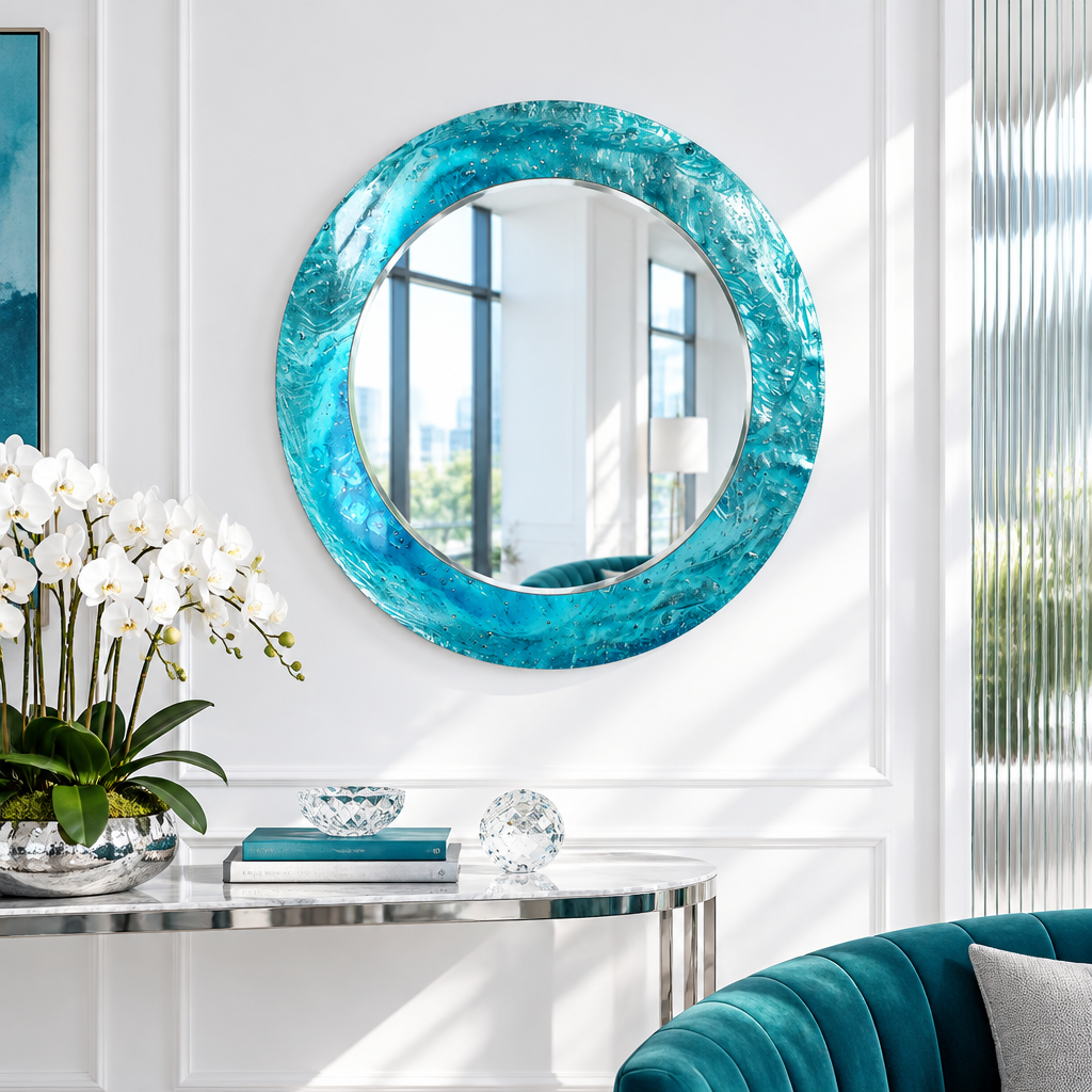 Specchio rotondo Blue Ocean – Cornice in vetro testurizzato per decorazioni murali
