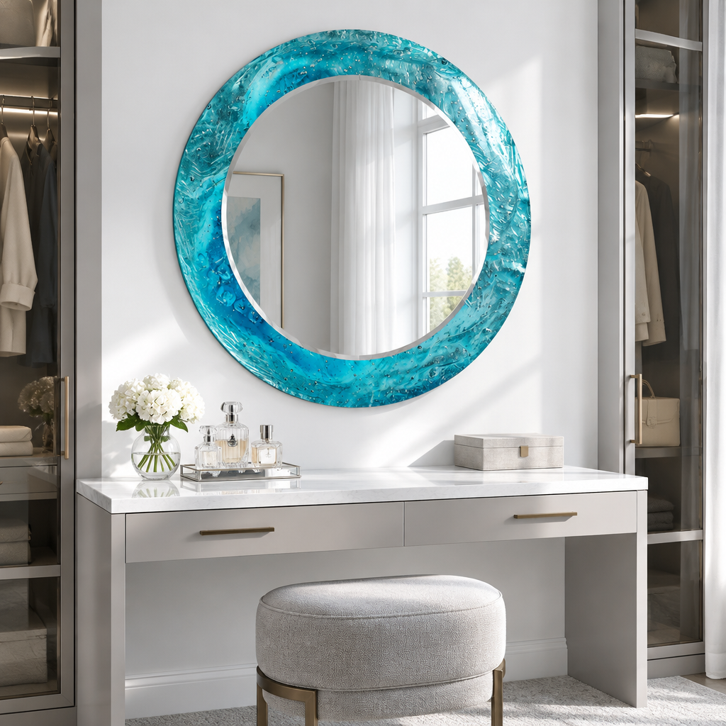 Specchio rotondo Blue Ocean – Cornice in vetro testurizzato per decorazioni murali