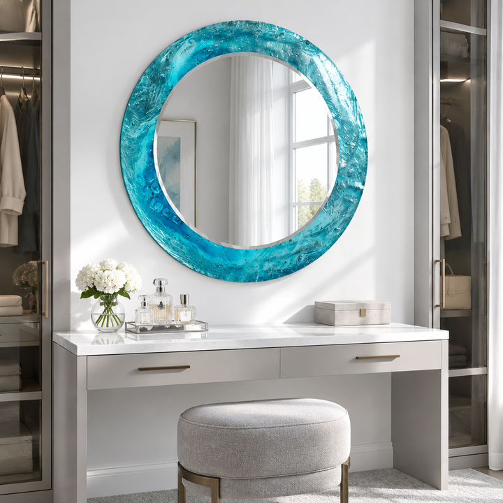 Specchio rotondo Blue Ocean – Cornice in vetro testurizzato per decorazioni murali