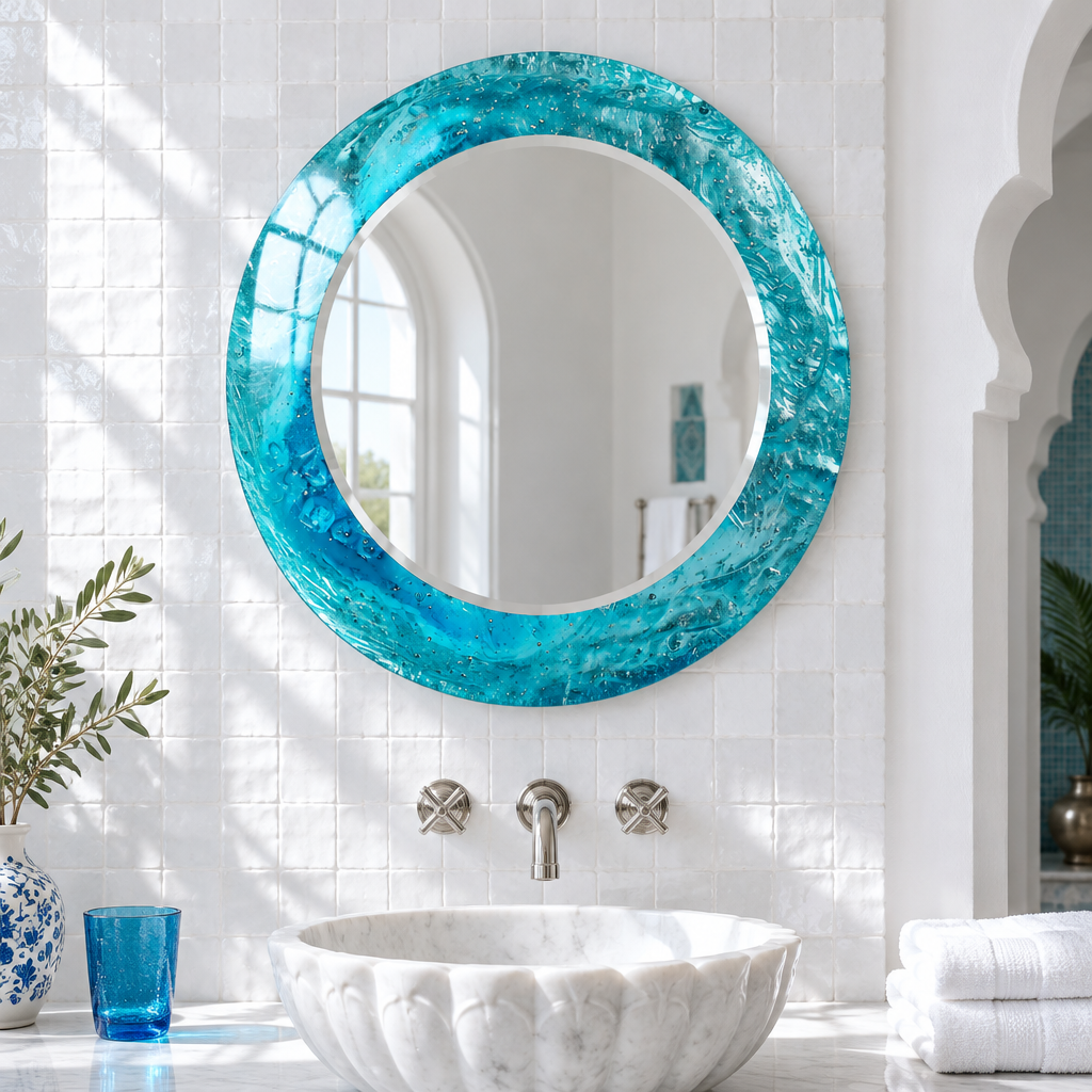 Specchio rotondo Blue Ocean – Cornice in vetro testurizzato per decorazioni murali