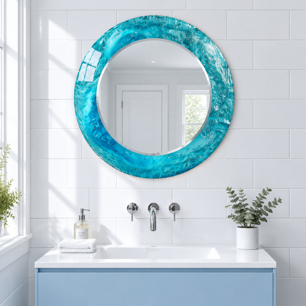 Specchio rotondo Blue Ocean – Cornice in vetro testurizzato per decorazioni murali
