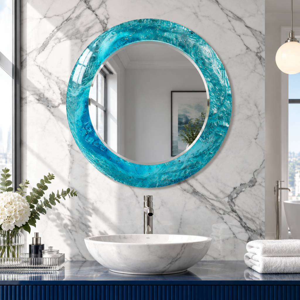 Specchio rotondo Blue Ocean – Cornice in vetro testurizzato per decorazioni murali