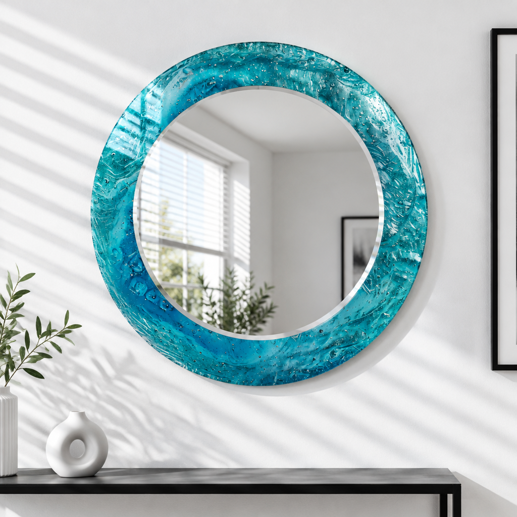 Specchio rotondo Blue Ocean – Cornice in vetro testurizzato per decorazioni murali