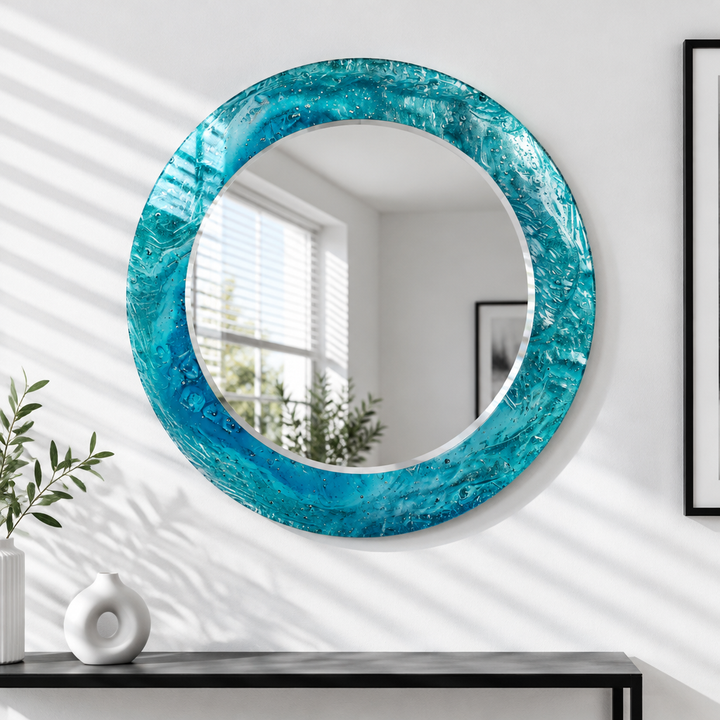 Specchio rotondo Blue Ocean – Cornice in vetro testurizzato per decorazioni murali