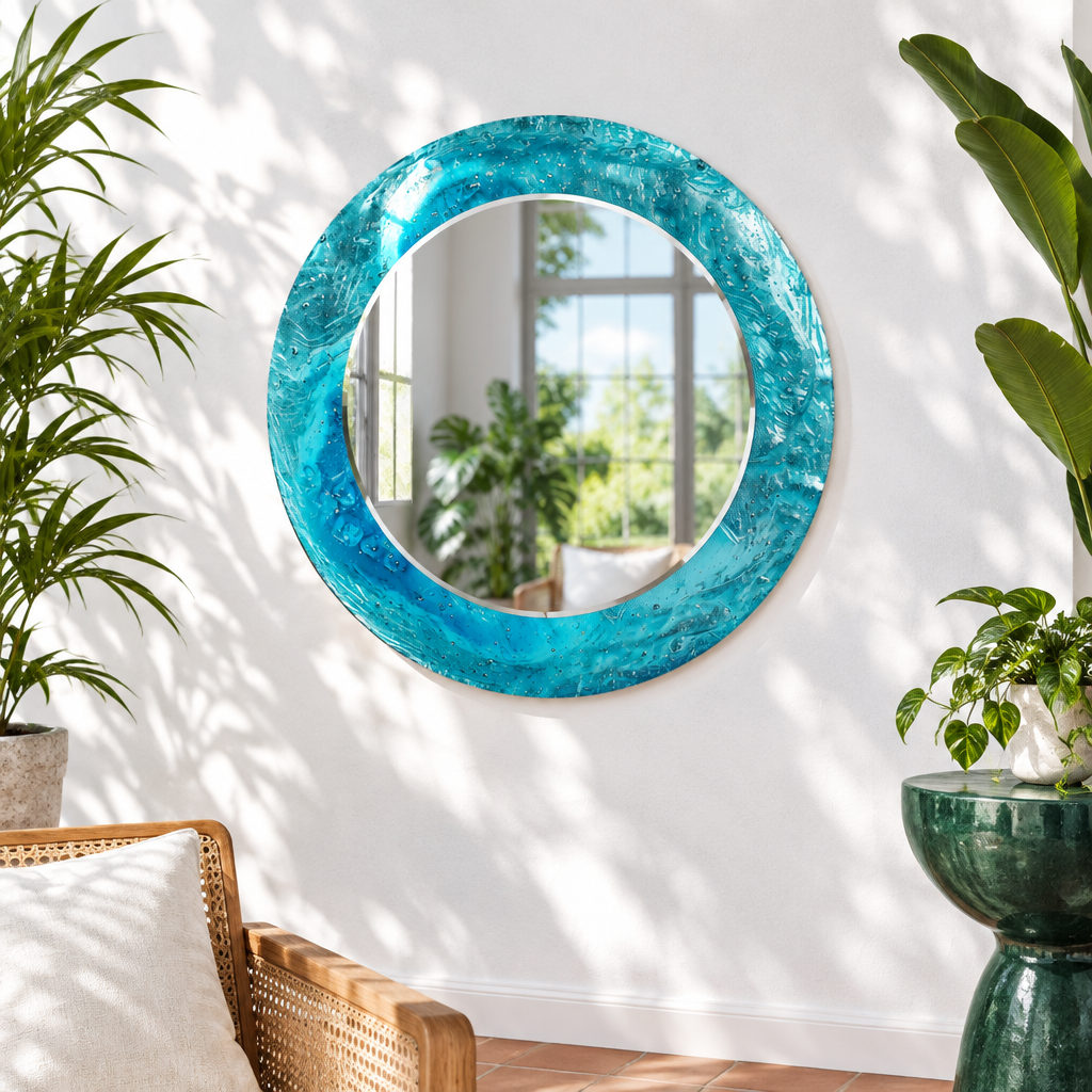 Specchio rotondo Blue Ocean – Cornice in vetro testurizzato per decorazioni murali