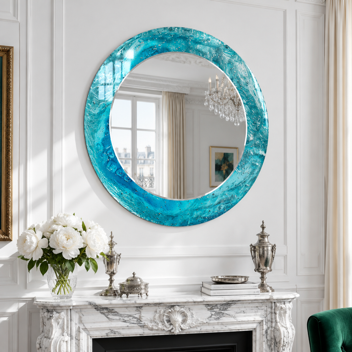 Specchio rotondo Blue Ocean – Cornice in vetro testurizzato per decorazioni murali