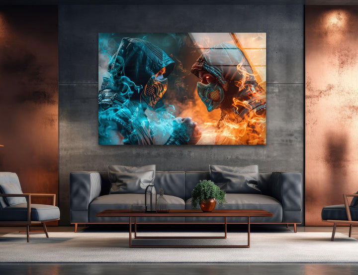 Mortal Kombat Sub Zero vs Scorpion Glass Wall Art, large glass photo prints, glass wall photos