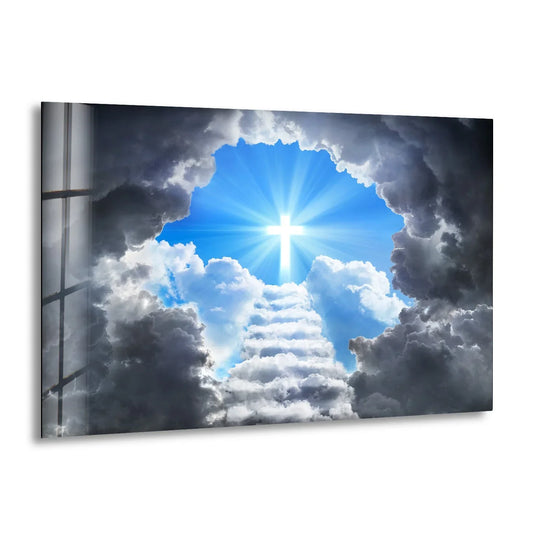Religion glass wall art and cross of light shining artwork is a stunning religious image plus divine artwork for lasting beauty