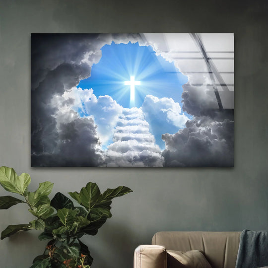 Religion glass wall art shining with cross of light and blue sky and Christian wall decor plus divine glass artwork