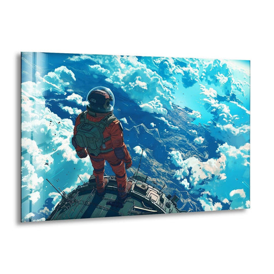 Space Wall Art featuring a space explorer in orange and white and glass wall art for stylish home decor and unique glass art