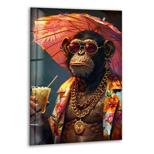 A stylish monkey glass wall art with vibrant colors and sharp edges for home decoration.