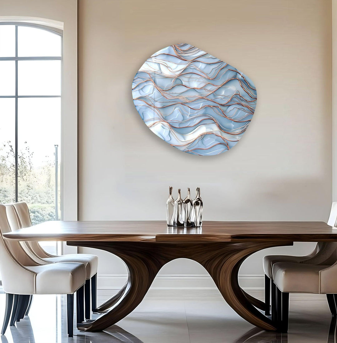 Abstarct Blue Waves Oval Glass Wall Art, glass art painting, glass art for the Wall
