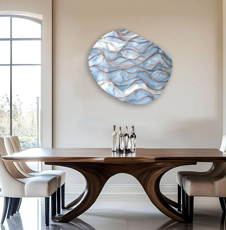 Abstarct Blue Waves Oval Glass Wall Art, glass art painting, glass art for the Wall
