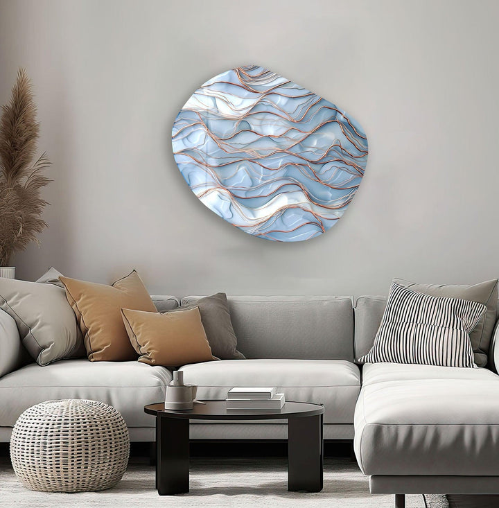 Abstarct Blue Waves Oval Glass Wall Art, print picture on glass, Tempered Glass Wall Art
