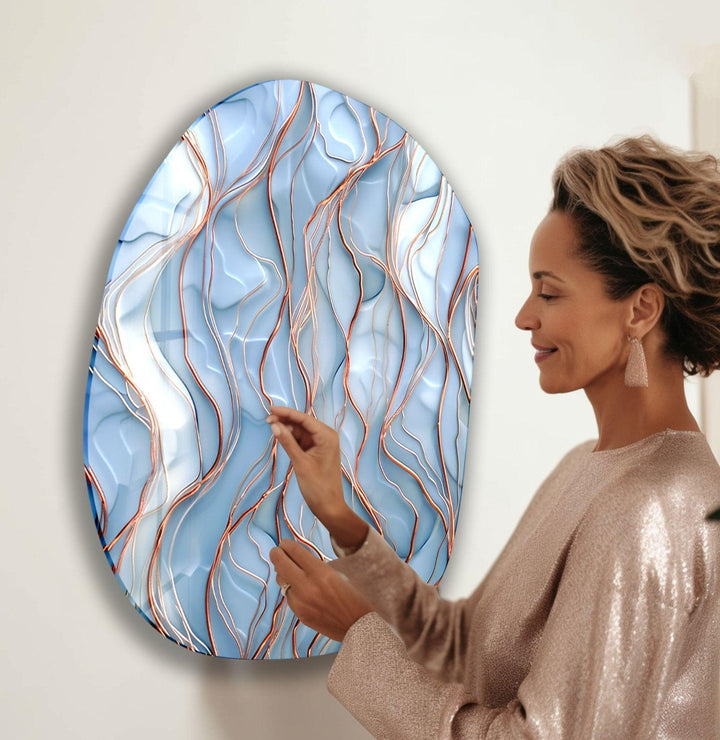 Abstarct Blue Waves Oval Glass Wall Art, glass wall decor, glass wall art decor
