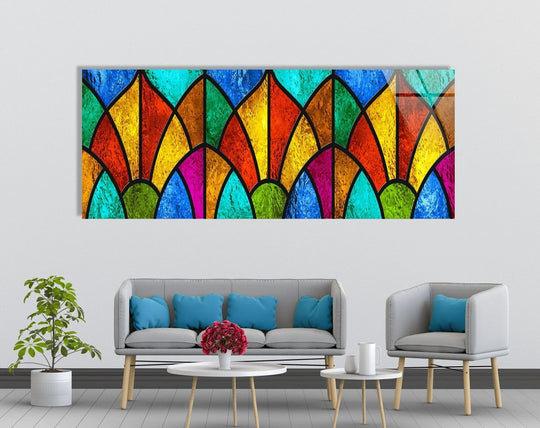 Intense color saturation defines this abstract colorful stained glass wall art, enhanced by the meticulous glass printing that brings its vibrant hues to life.