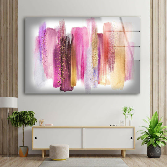 Vibrant pinks and golds burst with high color saturation in this abstract alcohol ink glass printing.