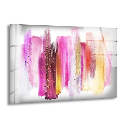 This vibrant abstract alcohol ink glass wall art in pink and gold makes an elegant home decor statement.