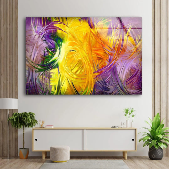 Vibrant abstract yellow fractal glass wall art featuring intense color saturation and energetic brushstrokes, perfect for wall prints.