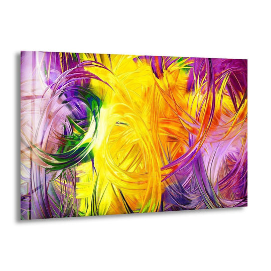 Vibrant yellow, purple, and green abstract swirls are depicted with realistic detail on this piece of glass home decor.
