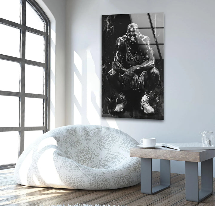 Monochrome abstract sports-themed glass wall art showing a muscular athlete resting in a dynamic pose.