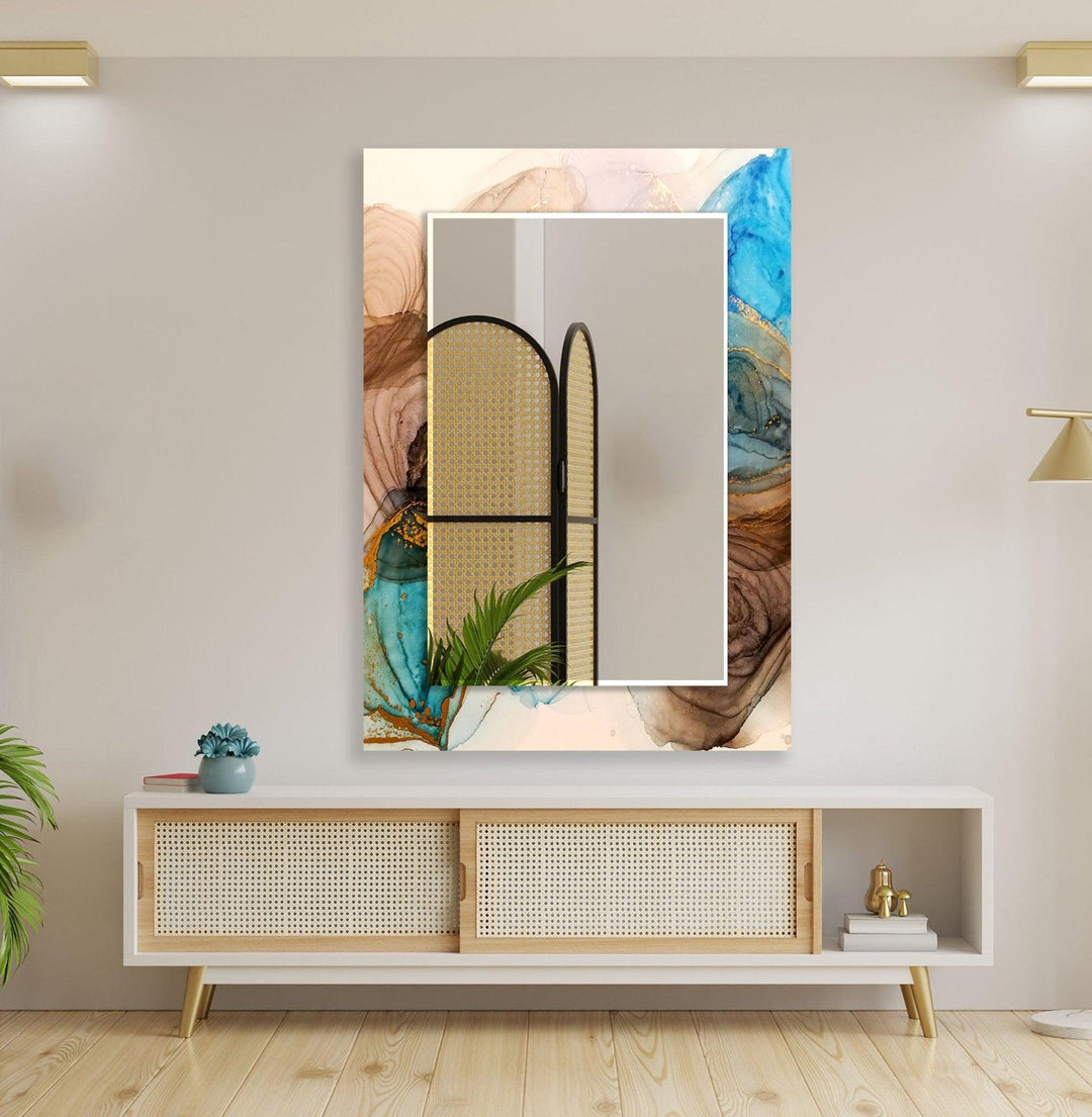 Abstract Beige & Wood Wall Mirror Small Mirror
