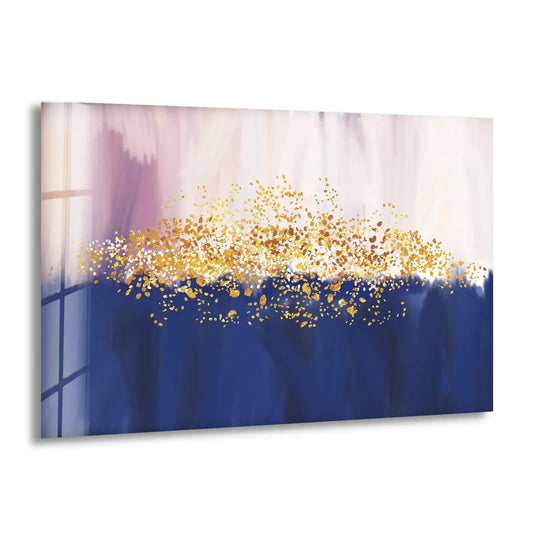 The visual rhythm of abstract blue and golden hanging wall art flows with organic brushstrokes and a shimmering cascade of gold speckles.